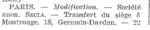 S.E.C.A. Transfert de siège Archives commerciales de la France 1930
