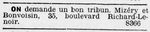 Mizéry & Bonvoisin Offre d'emploi - Le Courrier 20 juillet 1914