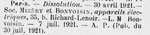 Mizéry & Bonvoisin Dissolution de la société 10 août 1921